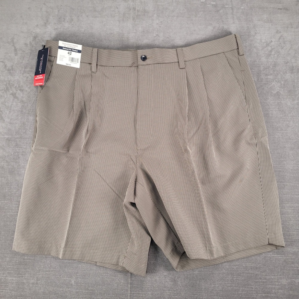 Roundtree & Yorke Relaxed Fit Pleated Khaki Striped Dress Shorts‎ 42 New